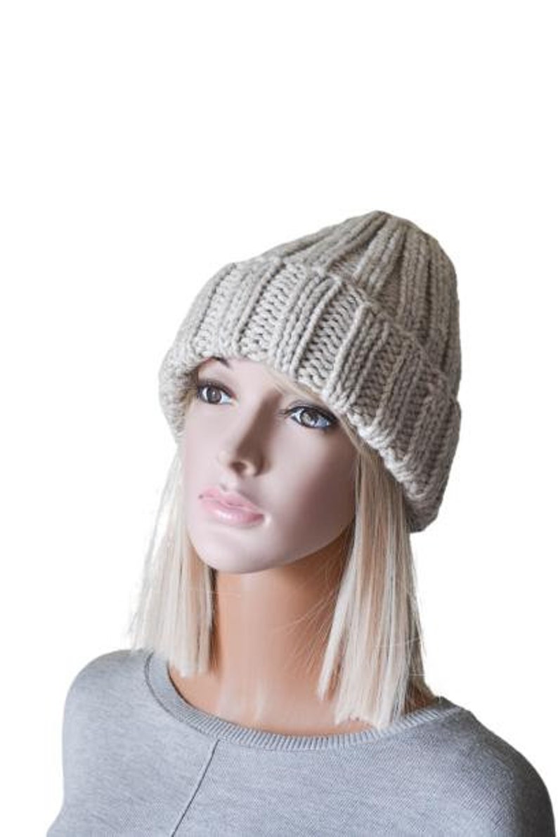 Chunky Knit Cuffed Winter Hat Women Double Brim Hat Grey Knitted Hat Spring gift for her oatmeal grey