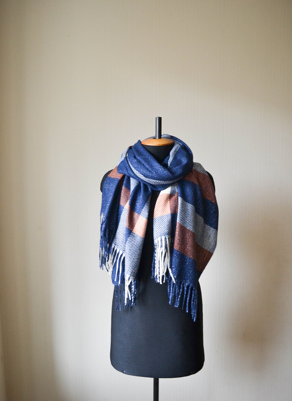 Blue orange scarf Navy blue plaid scarf Navy blue oversized Etsy
