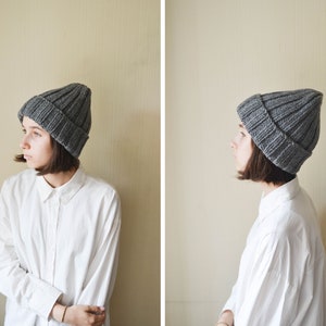 Chunky Knit Cuffed Winter Hat Women Double Brim Hat Grey Knitted Hat Spring gift for her dark grey