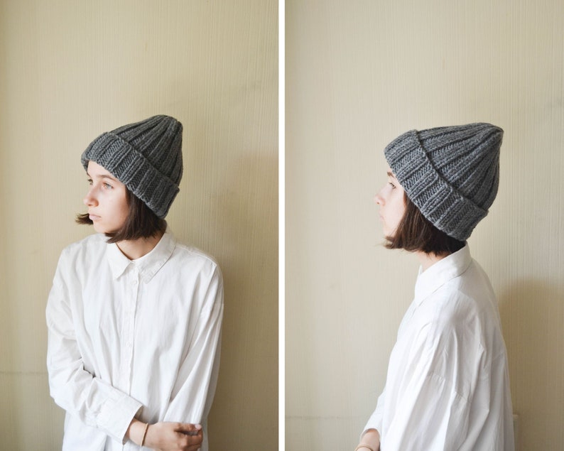 Chunky Knit Cuffed Winter Hat Women Double Brim Hat Grey Knitted Hat Spring gift for her dark grey