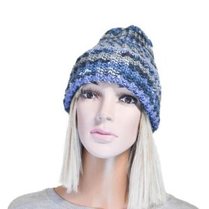 Wool Beanie for Women Men Blue Striped Fisherman Hand Knitted Beanie Hat Birthday gift for geek image 3