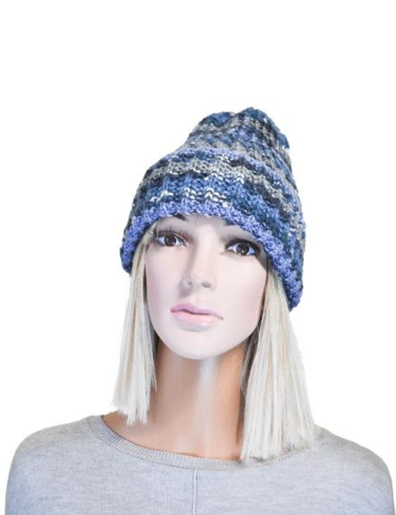 Wool Beanie for Women Men Blue Striped Fisherman Hand Knitted Beanie Hat Birthday gift for geek image 3