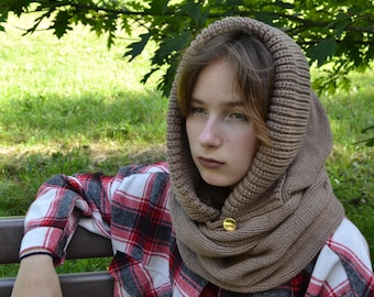 Warm Knitted Hooded Cowl Scarf: Chunky Knit Balaclava, Brown, Navy Blue, Grey