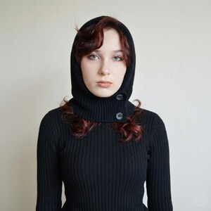 Grey Knit Hooded Cowl Scarf: Wool Acrylic Blend Balaclava, Black, Beige image 10
