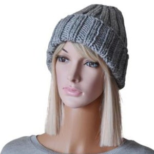 Chunky Knit Cuffed Winter Hat Women Double Brim Hat Grey Knitted Hat Spring gift for her image 1