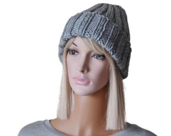 Chunky Knit Cuffed Winter Hat Women Double Brim Hat Grey Knitted Hat Valentines gift Warm gift for her