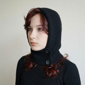 Grey Knit Hooded Cowl Scarf: Wool Acrylic Blend Balaclava, Black, Beige black