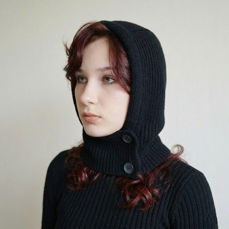 Grey Knit Hooded Cowl Scarf: Wool Acrylic Blend Balaclava, Black, Beige black