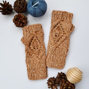 Cotton hand knitted gloves Ladies gloves Fingerless Beige gloves Handmade wrist warmers Leaves Gloves Mothers day gift image 4