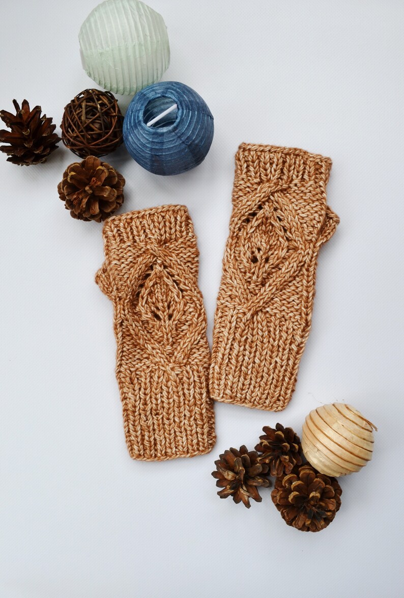 Cotton hand knitted gloves Ladies gloves Fingerless Beige gloves Handmade wrist warmers Leaves Gloves Mothers day gift image 4
