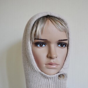 Grey Knit Hooded Cowl Scarf: Wool Acrylic Blend Balaclava, Black, Beige image 13