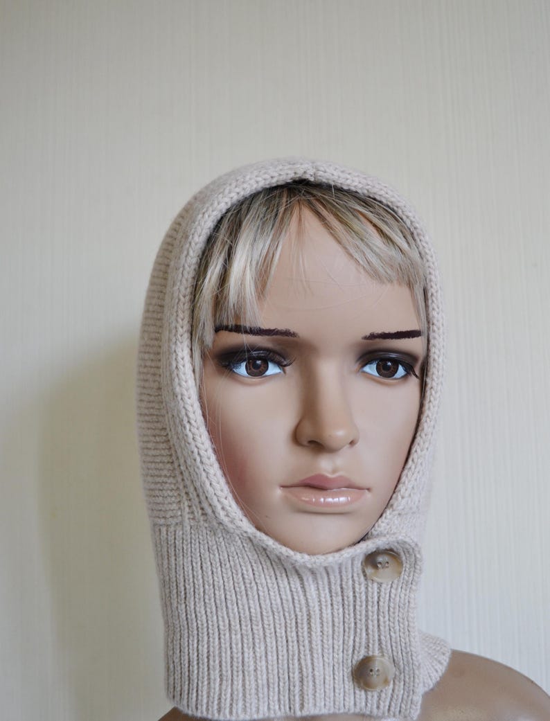 Grey Knit Hooded Cowl Scarf: Wool Acrylic Blend Balaclava, Black, Beige image 13