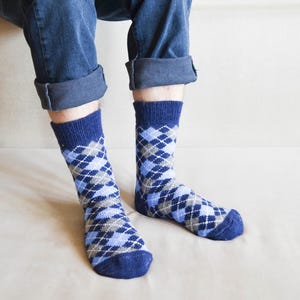 Warm Knitted Wool Socks: Winter Men&#39;s Argyle Pattern, Size L