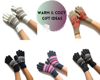 Full finger gloves knit Fair isle patterned gloves Winter knit gloves Acrylic arm warmers