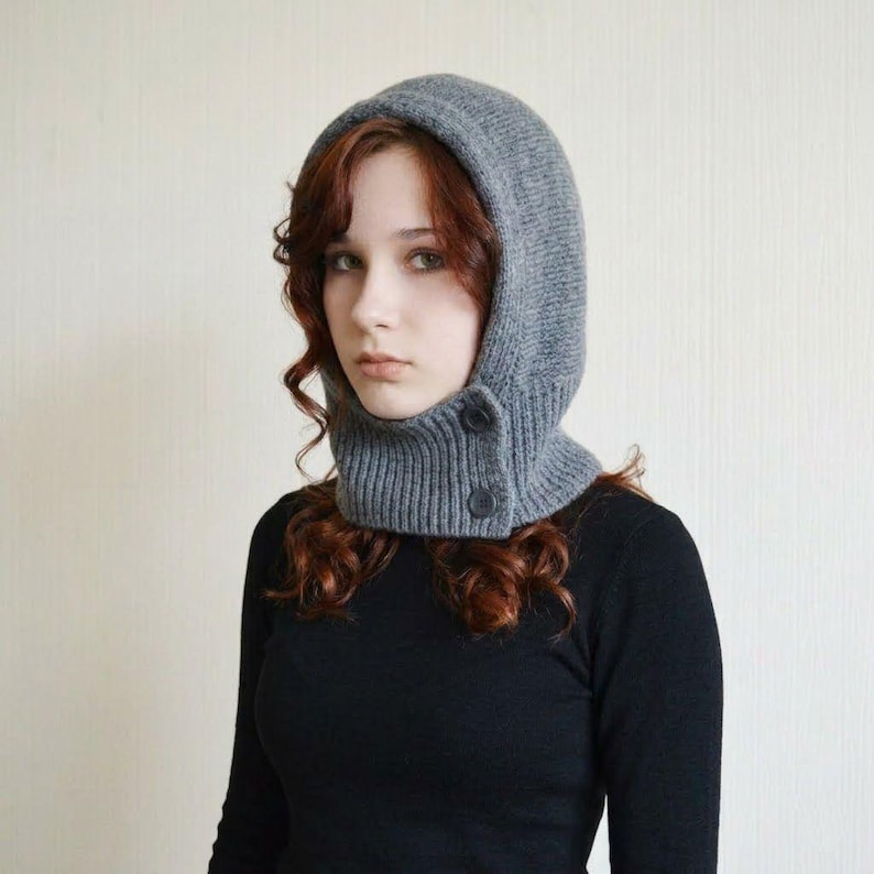 Grey Knit Hooded Cowl Scarf: Wool Acrylic Blend Balaclava, Black, Beige image 1
