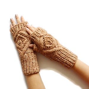 Cotton hand knitted gloves Ladies gloves Fingerless Beige gloves Handmade wrist warmers Leaves Gloves Mothers day gift image 1