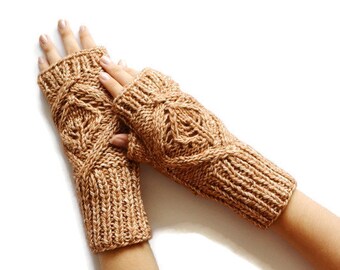 Cotton hand knitted gloves Ladies gloves Fingerless Beige gloves Handmade wrist warmers Leaves Gloves Mothers day gift