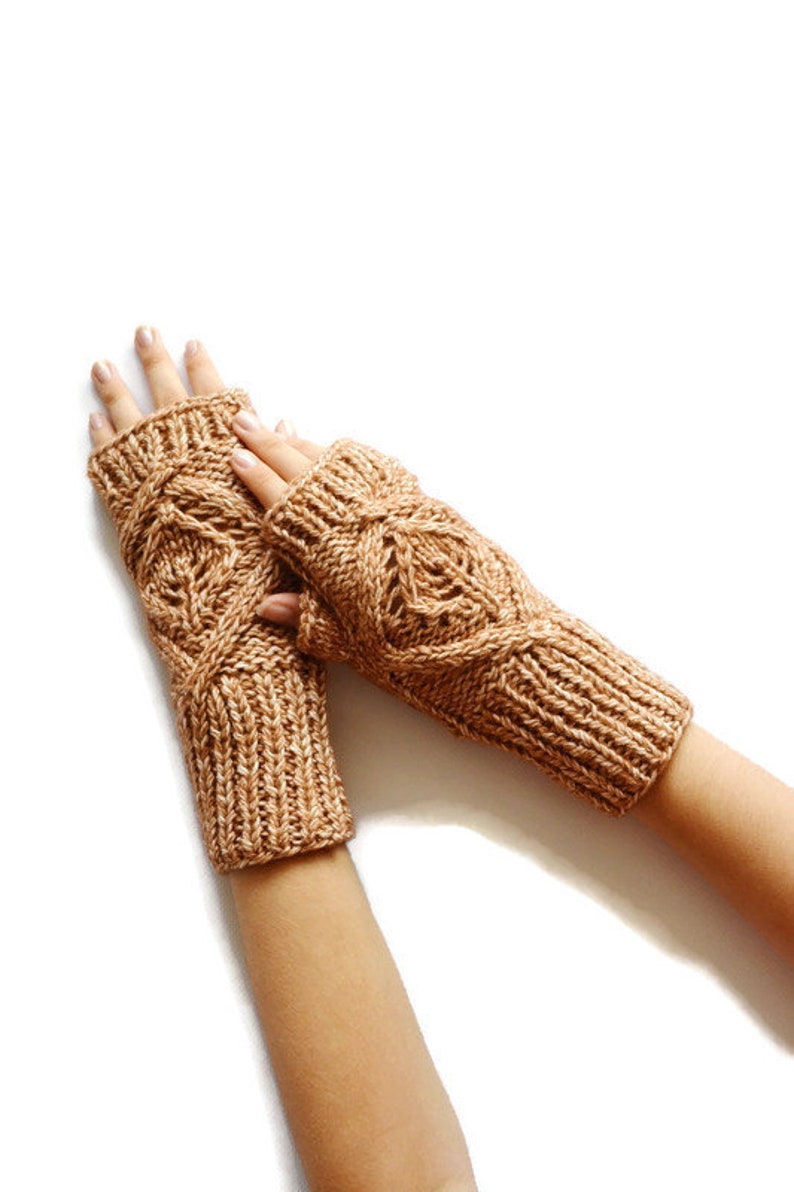 Cotton hand knitted gloves Ladies gloves Fingerless Beige gloves Handmade wrist warmers Leaves Gloves Mothers day gift image 1