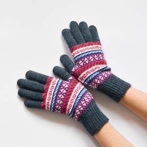 Full finger gloves knit Fair isle patterned gloves Winter knit gloves Acrylic arm warmers Birthday Gift for her jeans blue