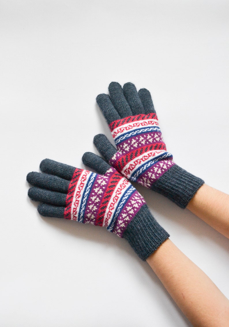 Full finger gloves knit Fair isle patterned gloves Winter knit gloves Acrylic arm warmers Birthday Gift for her jeans blue