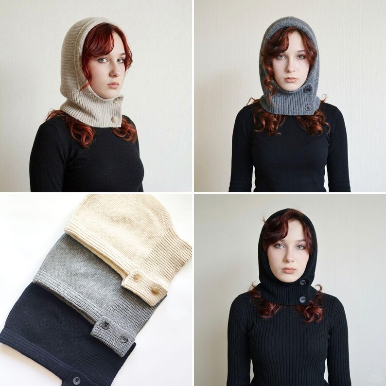 Grey Knit Hooded Cowl Scarf: Wool Acrylic Blend Balaclava, Black, Beige image 9