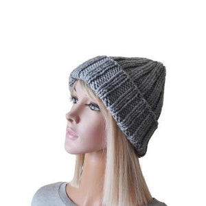 Chunky Knit Cuffed Winter Hat Women Double Brim Hat Grey Knitted Hat Spring gift for her Bild 3