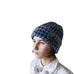 Wool Beanie for Women Men Blue Striped Fisherman Hand Knitted Beanie Hat Birthday gift for geek image 4