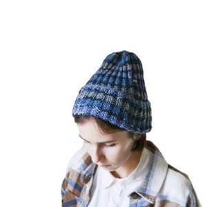 Wool Beanie for Women Men Blue Striped Fisherman Hand Knitted Beanie Hat Birthday gift for geek image 5