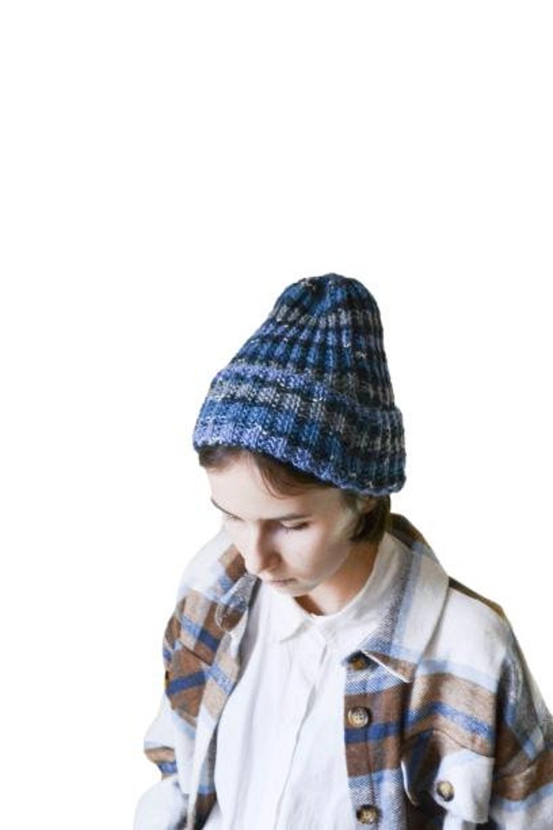 Wool Beanie for Women Men Blue Striped Fisherman Hand Knitted Beanie Hat Birthday gift for geek image 5