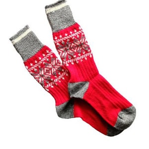 Alpaca Wool Socks for Women Valentines Day Gift Socks Stocking Stuffer for Women Winter Socks Hand Knitted Socks Cat Socks Size 7-8 US red patterned US7-9