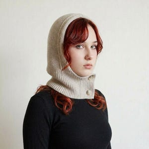 Grey Knit Hooded Cowl Scarf: Wool Acrylic Blend Balaclava, Black, Beige image 8