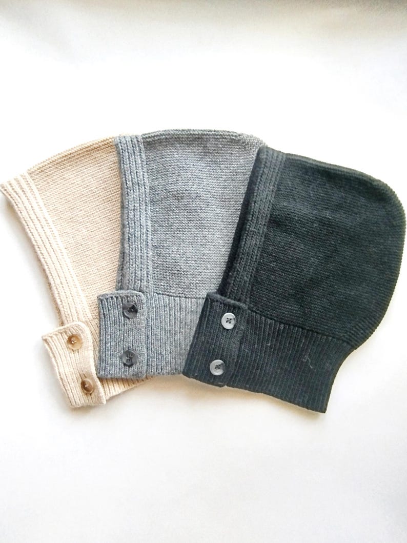 Grey Knit Hooded Cowl Scarf: Wool Acrylic Blend Balaclava, Black, Beige image 15