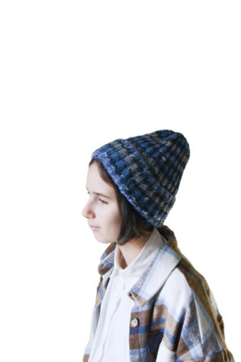 Wool Beanie for Women Men Blue Striped Fisherman Hand Knitted Beanie Hat Birthday gift for geek image 6