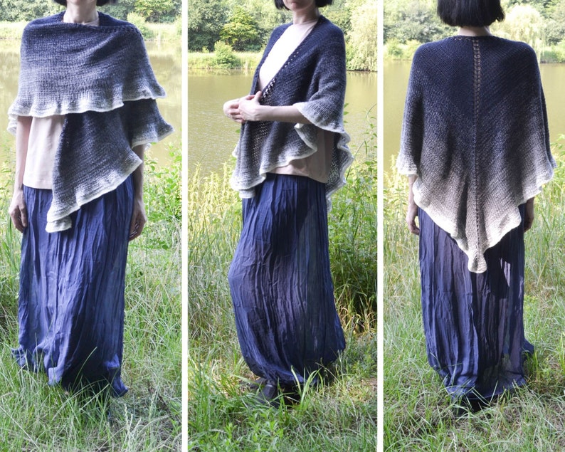 Hand knit Shawl Triangle Shawl for Women Lady Shoulder Wrap Black Grey Shawl Cozy Shawl Gift Merino Wool Shawl image 8