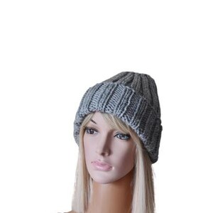 Chunky Knit Cuffed Winter Hat Women Double Brim Hat Grey Knitted Hat Spring gift for her imagem 5