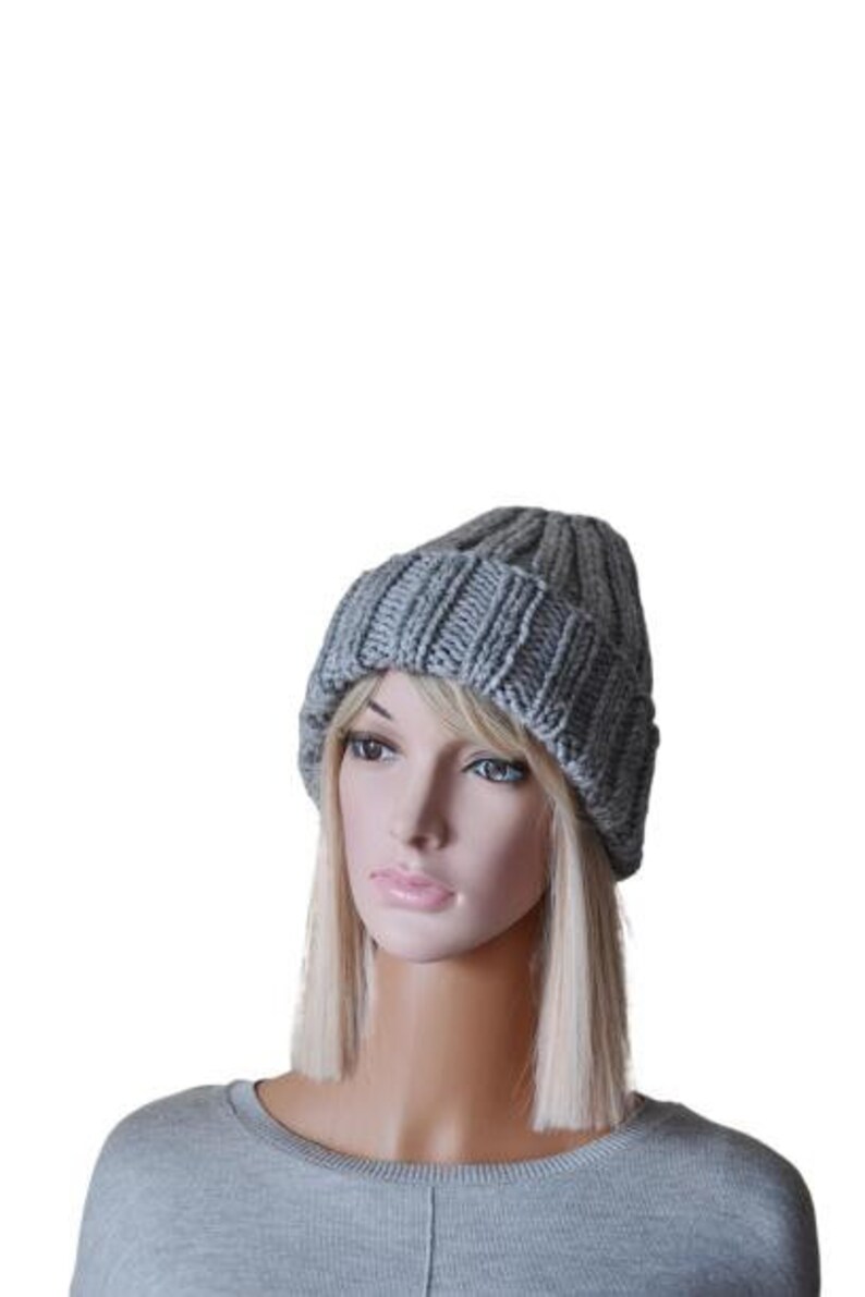 Chunky Knit Cuffed Winter Hat Women Double Brim Hat Grey Knitted Hat Spring gift for her Bild 5