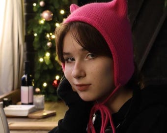 Angora Mohair Knit Bonnet with Cat Ears -Pink Red