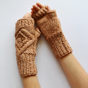 Cotton hand knitted gloves Ladies gloves Fingerless Beige gloves Handmade wrist warmers Leaves Gloves Mothers day gift image 7