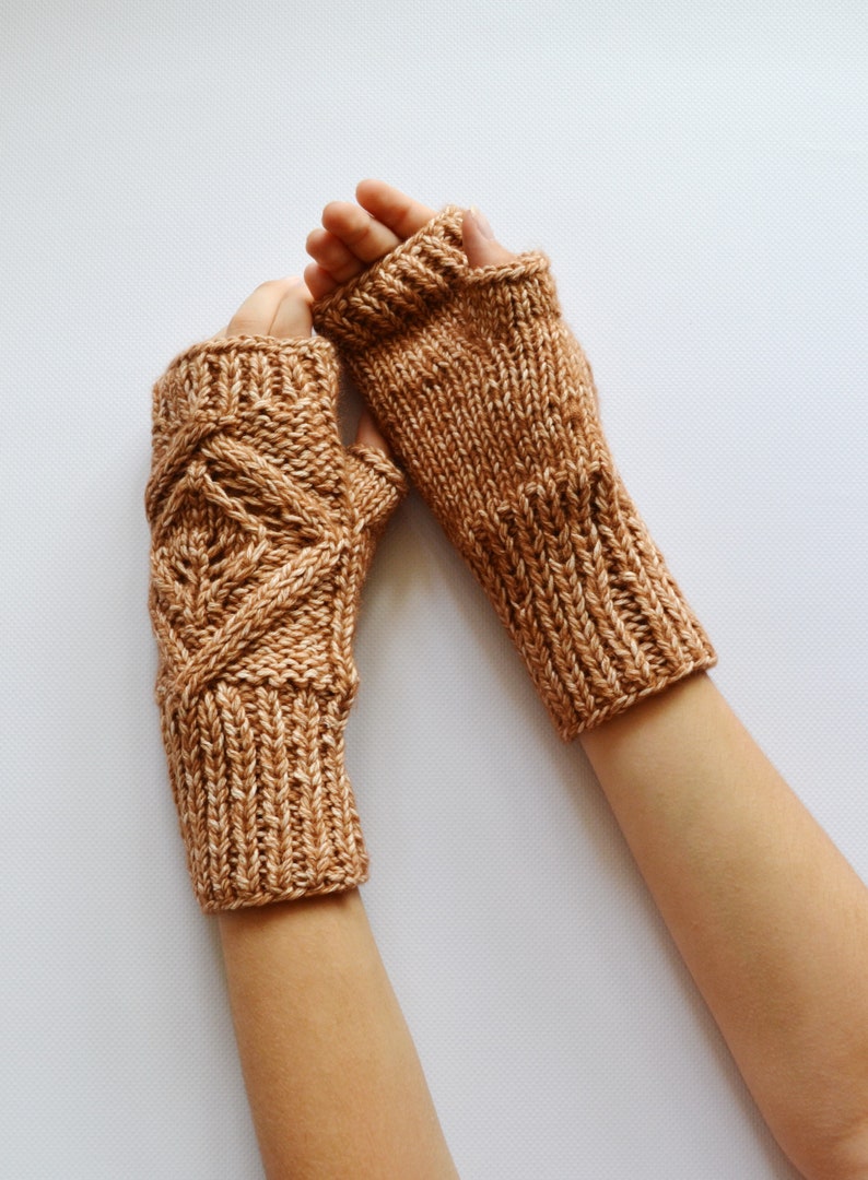 Cotton hand knitted gloves Ladies gloves Fingerless Beige gloves Handmade wrist warmers Leaves Gloves Mothers day gift image 7