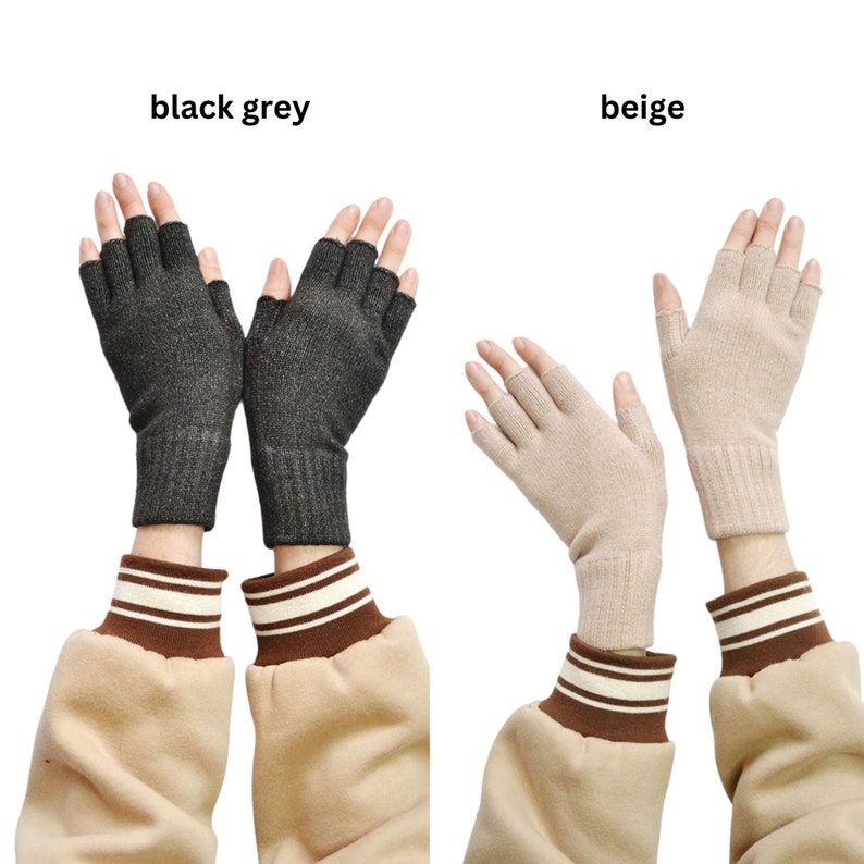 Hand Knitted Arm warmers Alpaca Wrist Warmers Fingerless Gloves Women Hand Warmers Warm Gift Black Beige image 5