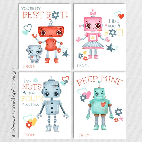 Printable Robots Valentine Cards 2 // Instant Download