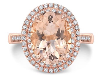 NORA 2.75 Ct. Oval Morganite Diamond Halo Anillo de compromiso en oro rosa de 14 quilates