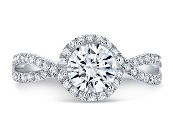 1.50 Ct. Diamond Halo Engagement Ring on 14K White Gold with Twisted Shank