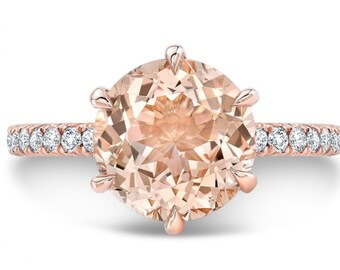 La Lila 2.50 Ct.  Anillo de compromiso redondo de morganita y diamantes en oro rosa de 14 quilates