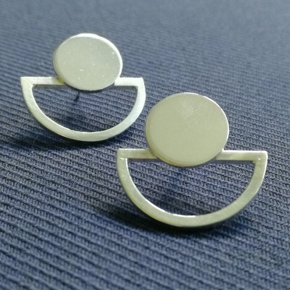 Sterling Silver circular stud ear jacket with half circle wire back piece double earring