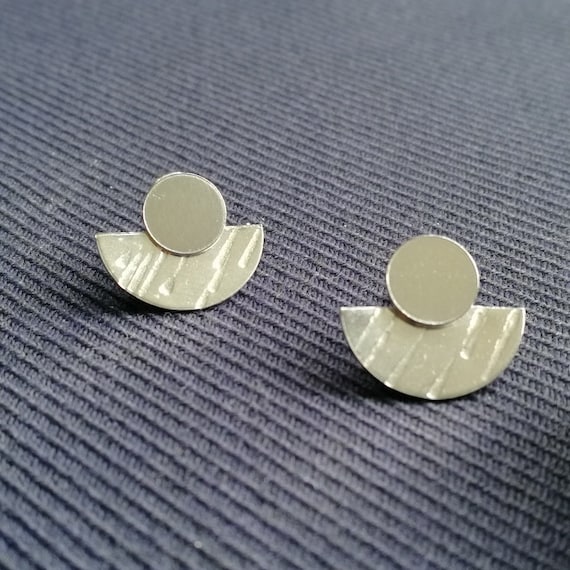 Sterling Silver stud double earrings / ear jackets with polished stud and textured half-circle back piece