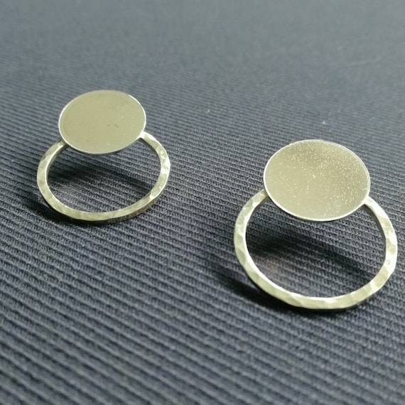 Sterling Silver large disc studs ear jacket with hammered ring back double earring