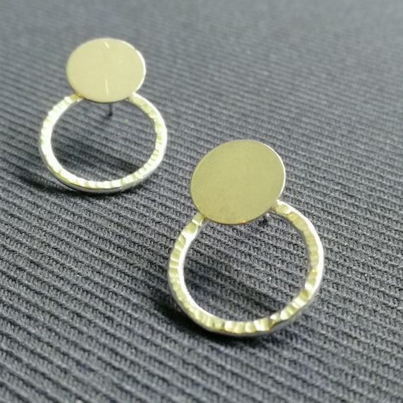 Sterling Silver polished stud ear jacket with hammered medium circular back piece double earring