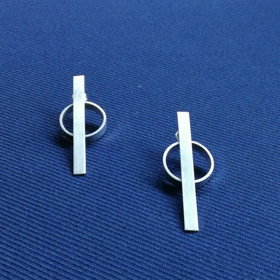 Sterling Silver rectangle rod stud ear jacket with ring back piece double earring