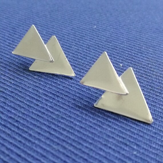 Sterling Silver highly polished triangle stud ear jacket and triangular back piece double earring